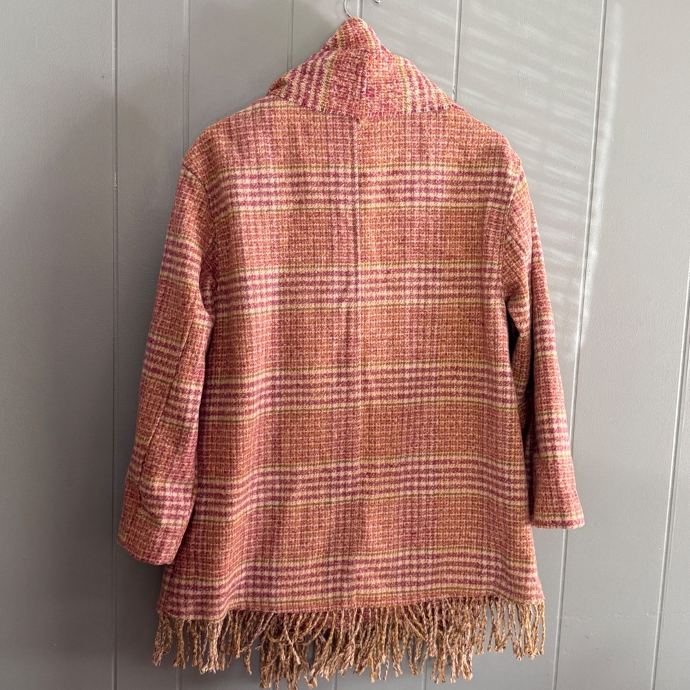 Democracy Womens Large Raspberry Multi Plaid Tubular Fringe Coat Attached Scarf - Picture 14 of 15